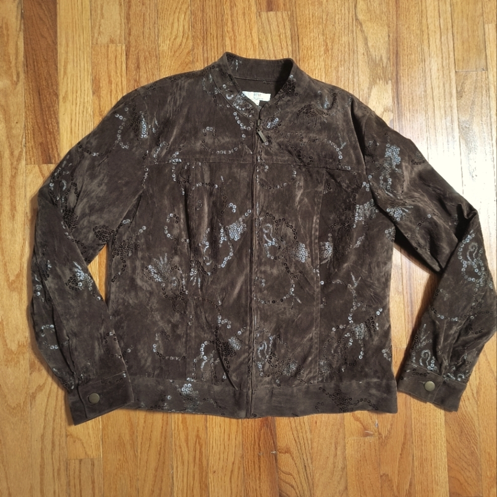 3/$10⭐ Erin by Erin London faux suede brown sequin zip jacket, women's small